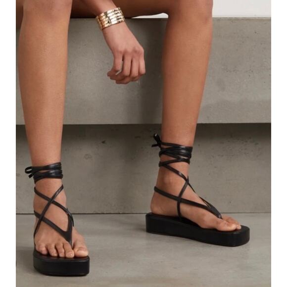 Amina Muaddi Jamie Lambskin Leather Lace Up Flatforms Platform 10 Black 41 - Picture 2 of 13